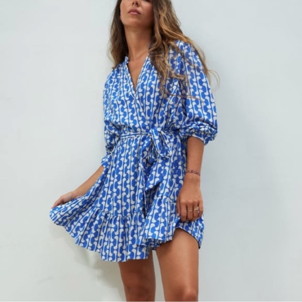 Zara Paula Blue Print Puff Sleeve Dress